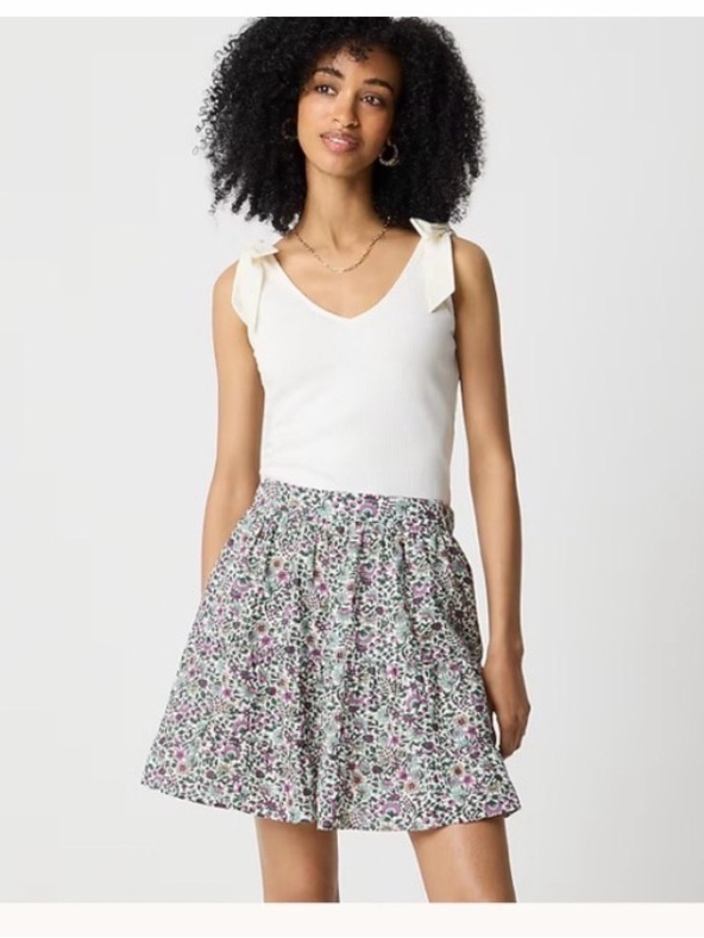 J.Crew Factory Small Purple & Green Floral 100% Cotton Flowy Tiered Mini Skirt